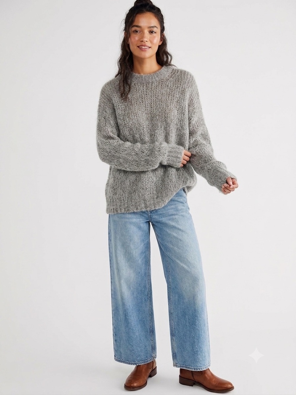 Free People 73% Alpaca Wool Gray Crewneck Knit Sweater Cozy Fall Boho Soft Girl